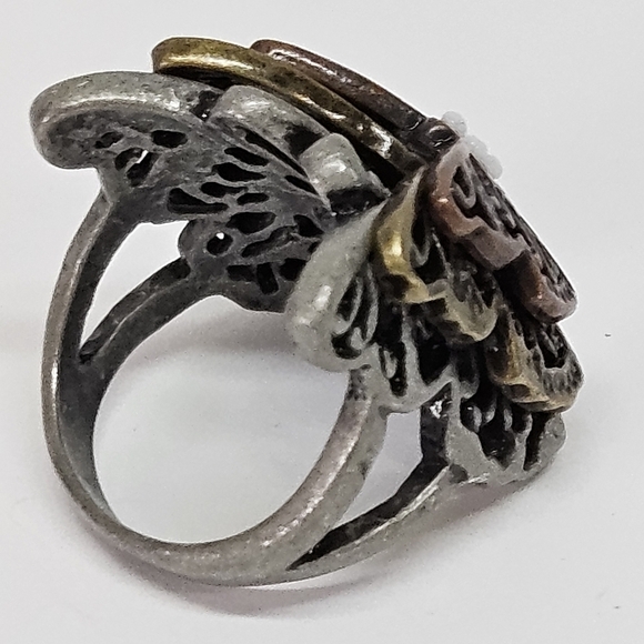 Unique Large Tri-Color 3D Pewter Butterfly Cocktail Ring Size 8 - Picture 4 of 8